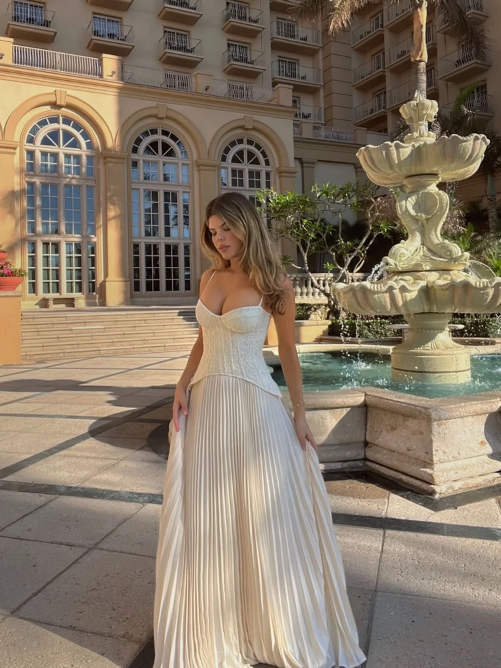 Fashion Nova Daniella Lace Corset Pleated Maxi Dress - Cream